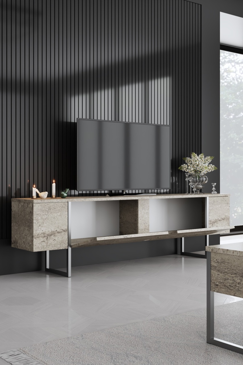 Comoda TV, Luxe Travertine, UnicUtil, Travertin-Argint, Lățime: 180 cm, Înălțime: 50 cm, Adâncime: 30 cm, 618BLY1255 - view 5