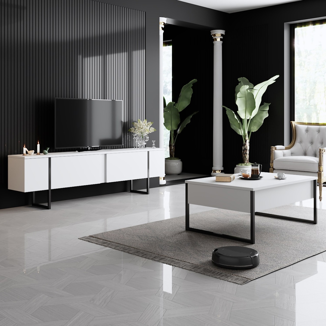 Comoda TV, Luxe White, UnicUtil, Alb-Negru, Lățime: 180 cm, Adâncime: 30 cm, Înălțime: 50 cm - view 2