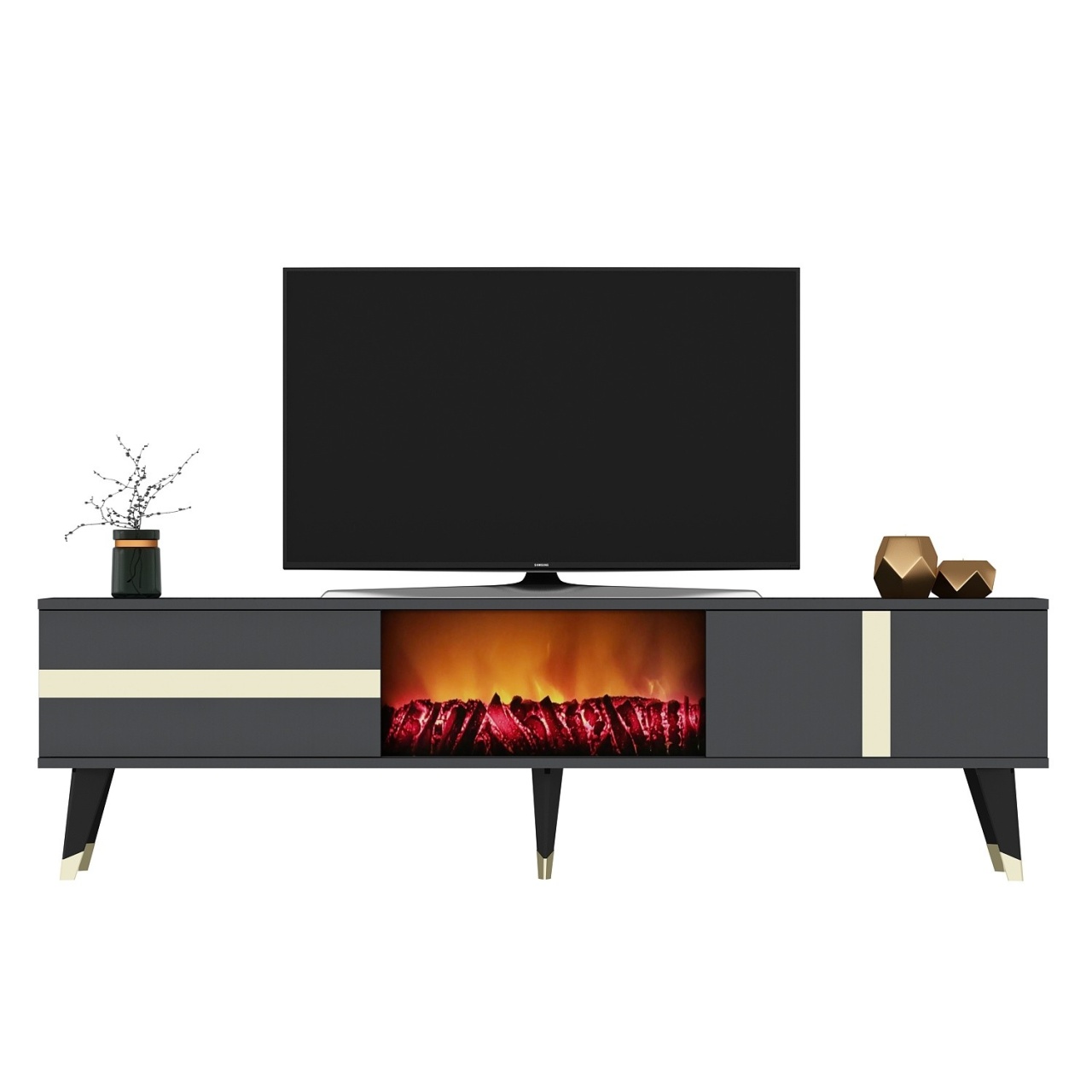 Comoda TV, Vania Fireplace, UnicUtil, Antracit-Auriu, Lățime: 150 cm, Înălțime: 50 cm, Adâncime: 29,6 cm - view 3