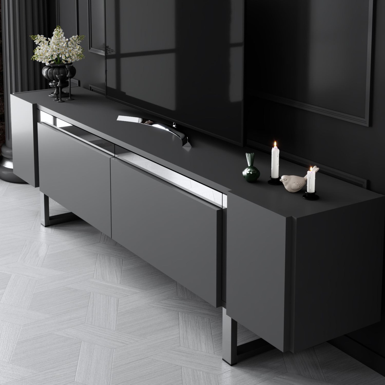 Comoda TV, Yildiz Anthracite, UnicUtil, Antracit-Argint, Lățime: 180 cm, Înălțime: 50 cm, Adâncime: 30 cm - imagine 4