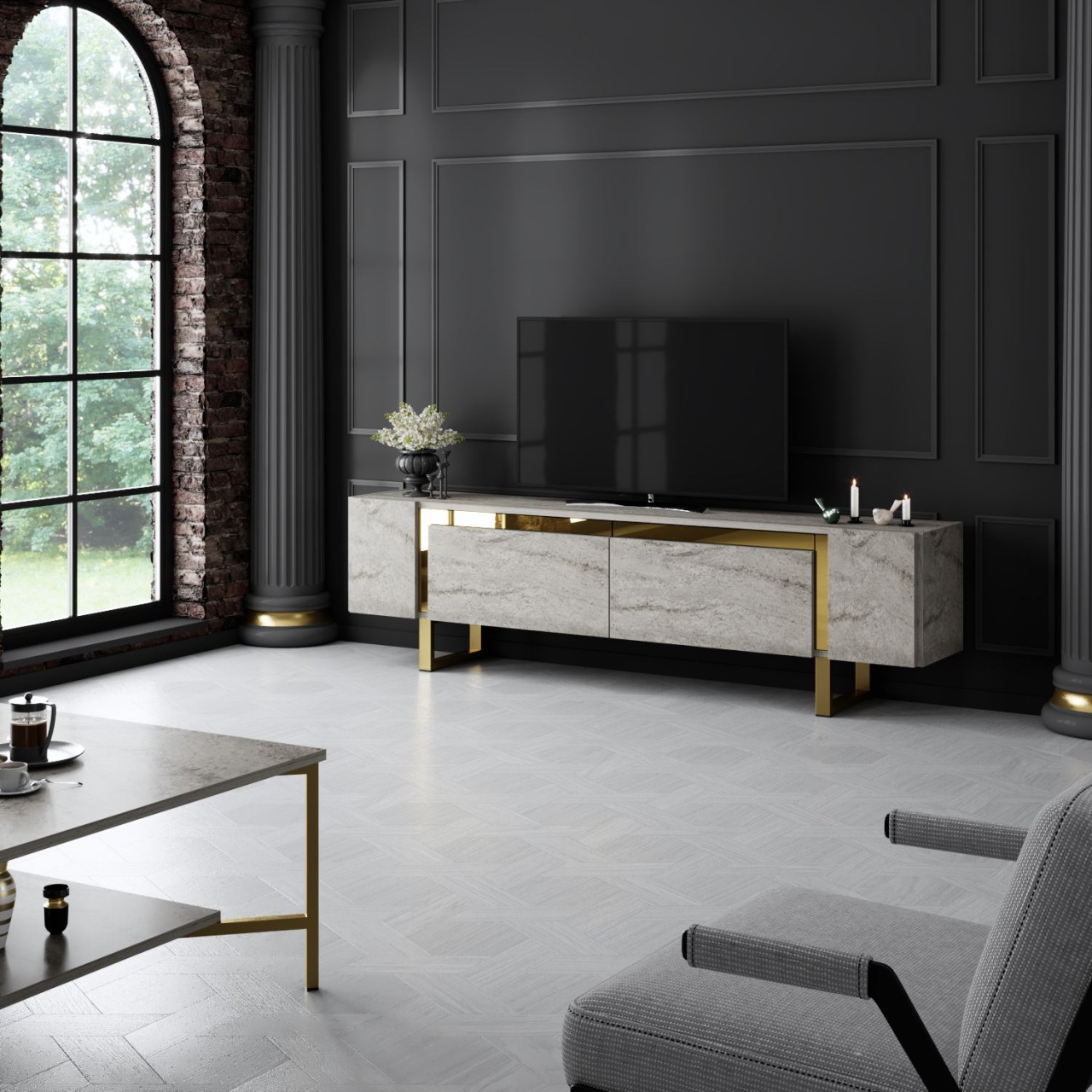 Comoda TV, Yildiz Travertine, UnicUtil, Travertin-Auriu,Lățime: 180 cm, Înălțime: 50 cm, Adâncime: 30 cm - imagine 5