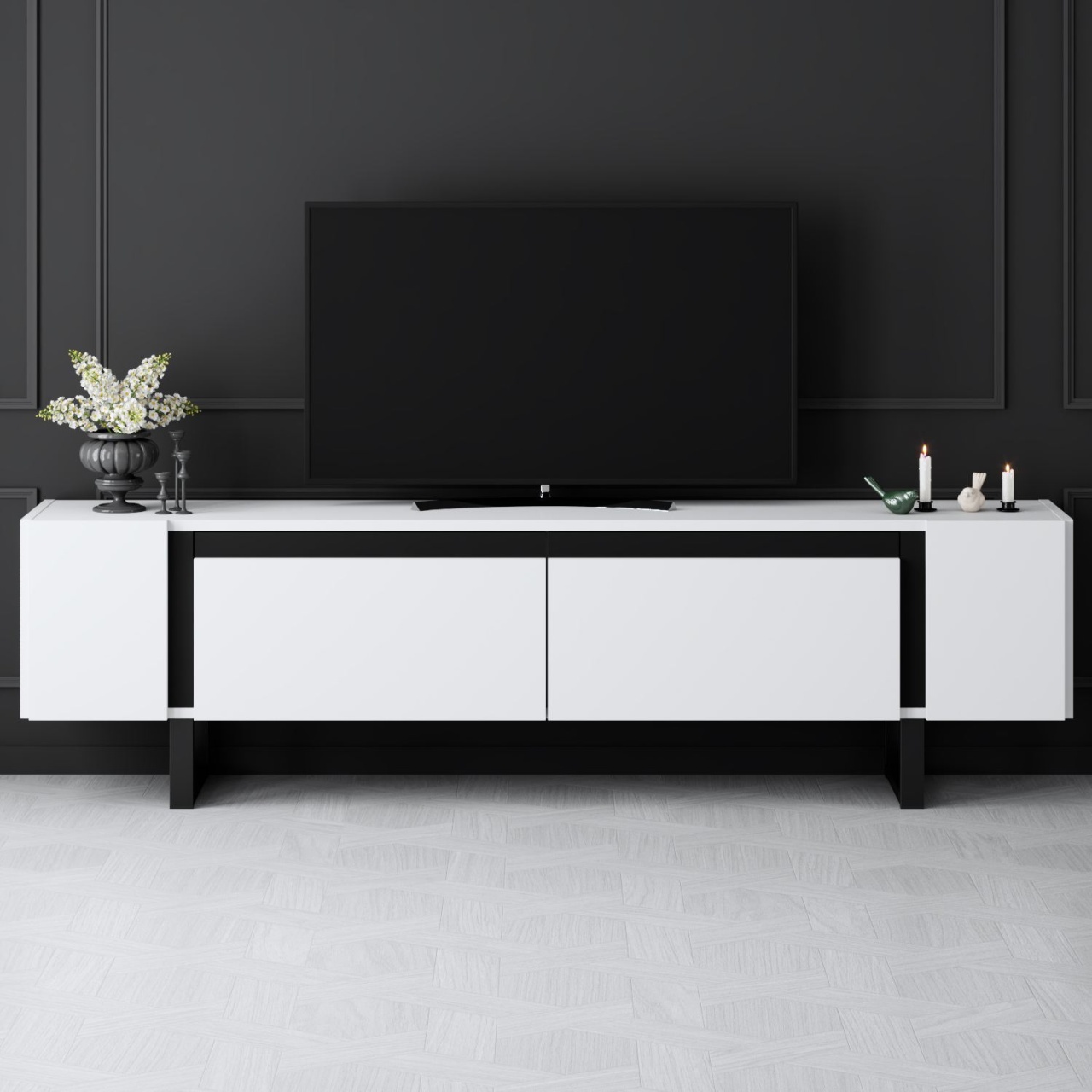 Comoda TV, Yildiz White, UnicUtil, Alb-Negru, Lățime: 180 cm, Înălțime: 50 cm, Adâncime: 30 cm - imagine 2