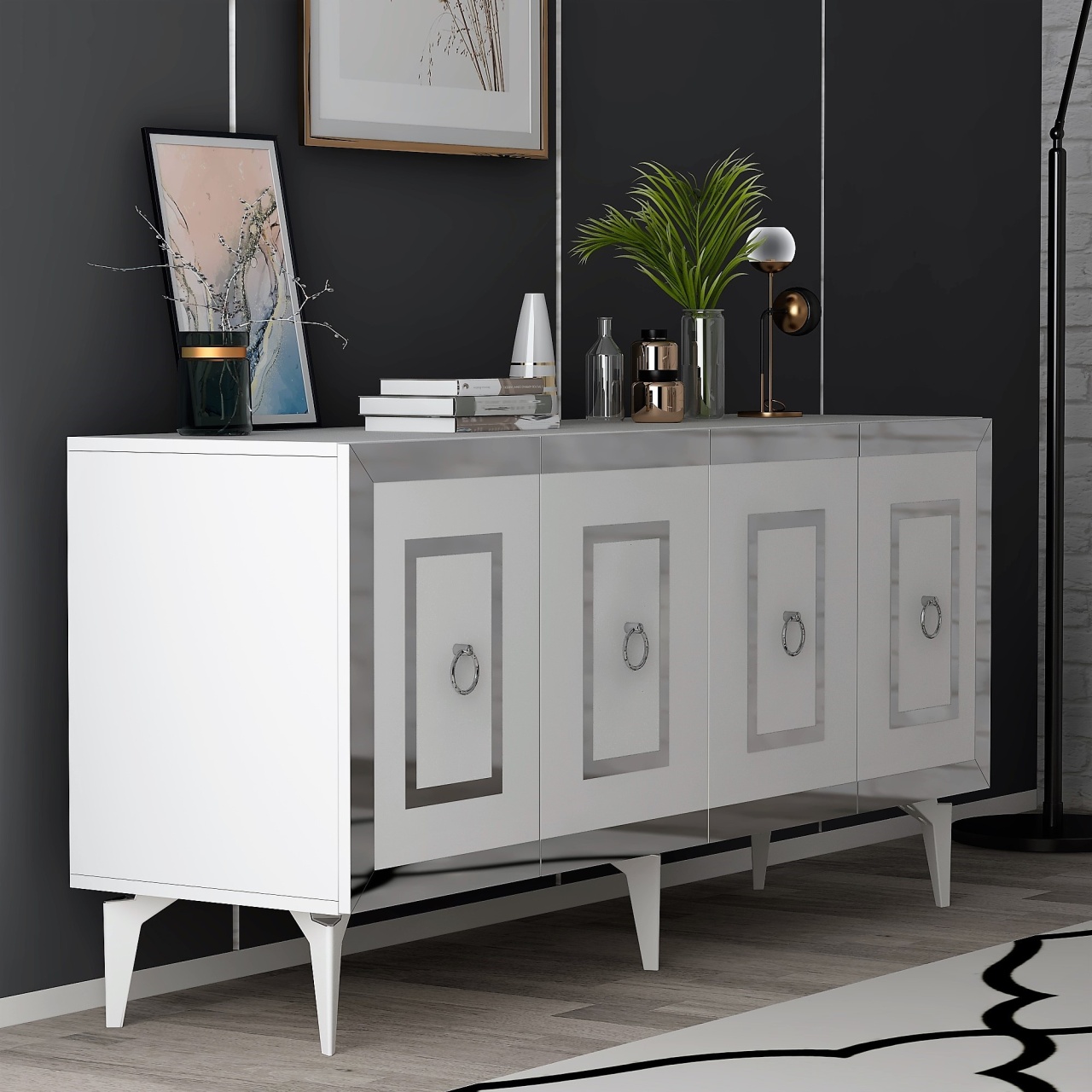 Consolă, Karya White, UnicUtil, Alb-Argintiu, Lățime: 150 cm, Înălțime: 40 cm, Adâncime: 79 cm, 475OLV2746 - view 6