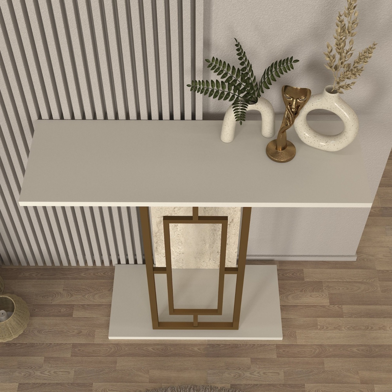 Masă decorativă Alderas din pal melaminat finisaj travertin – design elegant pentru spații moderne, 90 x 29.6 x 76.8 cm, UUORG57