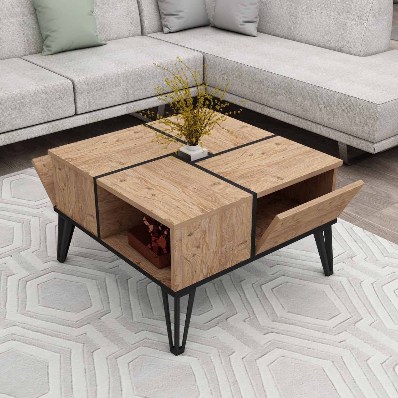 Măsuţă de cafea, Nirvana Atlantic, UnicUtil, Pin Atlantic-Negru, Lățime: 71,8 cm, Înălțime: 43,8 cm, Adâncime: 71,8 cm - imagine 4