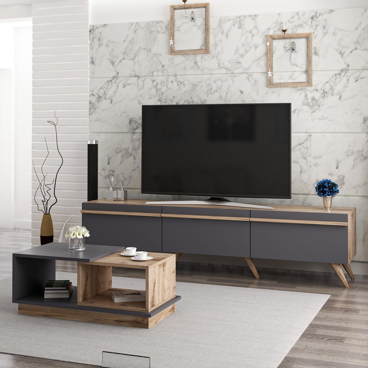 Set de mobilier pentru living, Amsterdam Design, UnicUtil, Antracit-Nuc, Comodă TV: Lățime: 180 cm, Înălțime: 42 cm, Adâncime: 35 cm - view 5