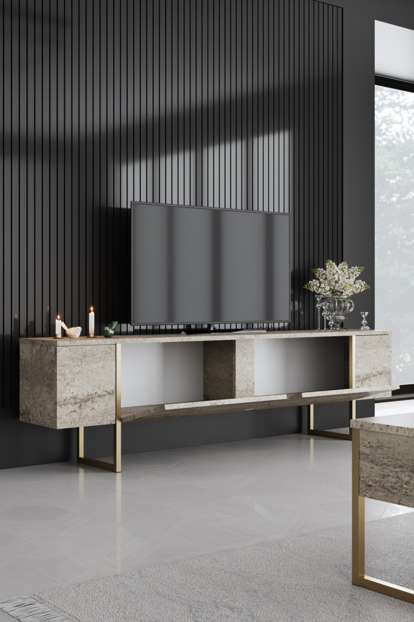 Set de mobilier pentru living, Luxe Set, UnicUtil, Travertin-Auriu, Comodă TV + Masa de cafea - view 3