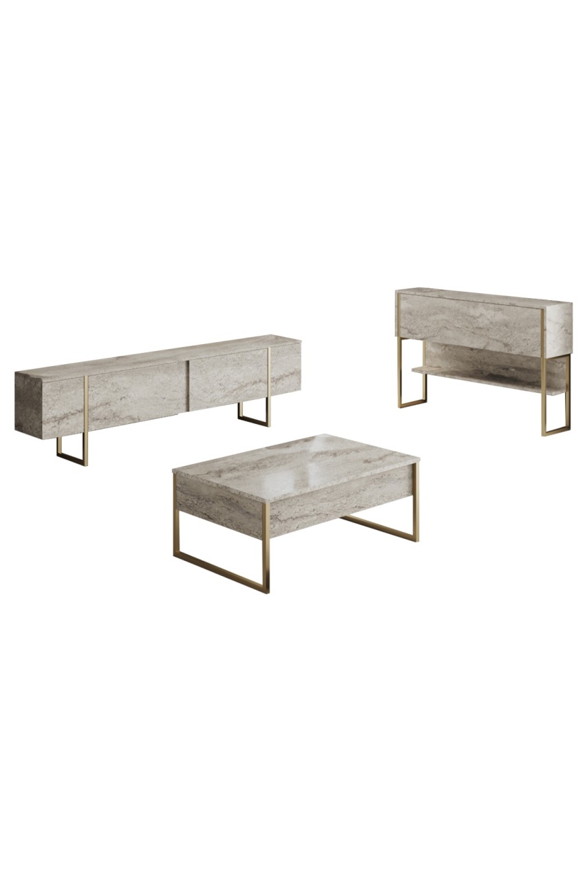 Set de mobilier pentru living, Luxe Set, UnicUtil, Travertin-Auriu, Comodă TV + Masa de cafea - view 7