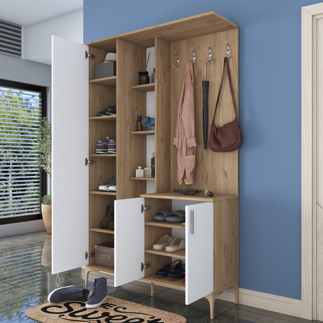 Stand de hol, Ea109 2695, UnicUtil, Nuc-Alb,Lățime: 120 cm, Înălțime: 198,6 cm, Adâncime: 37,5 cm - view 3