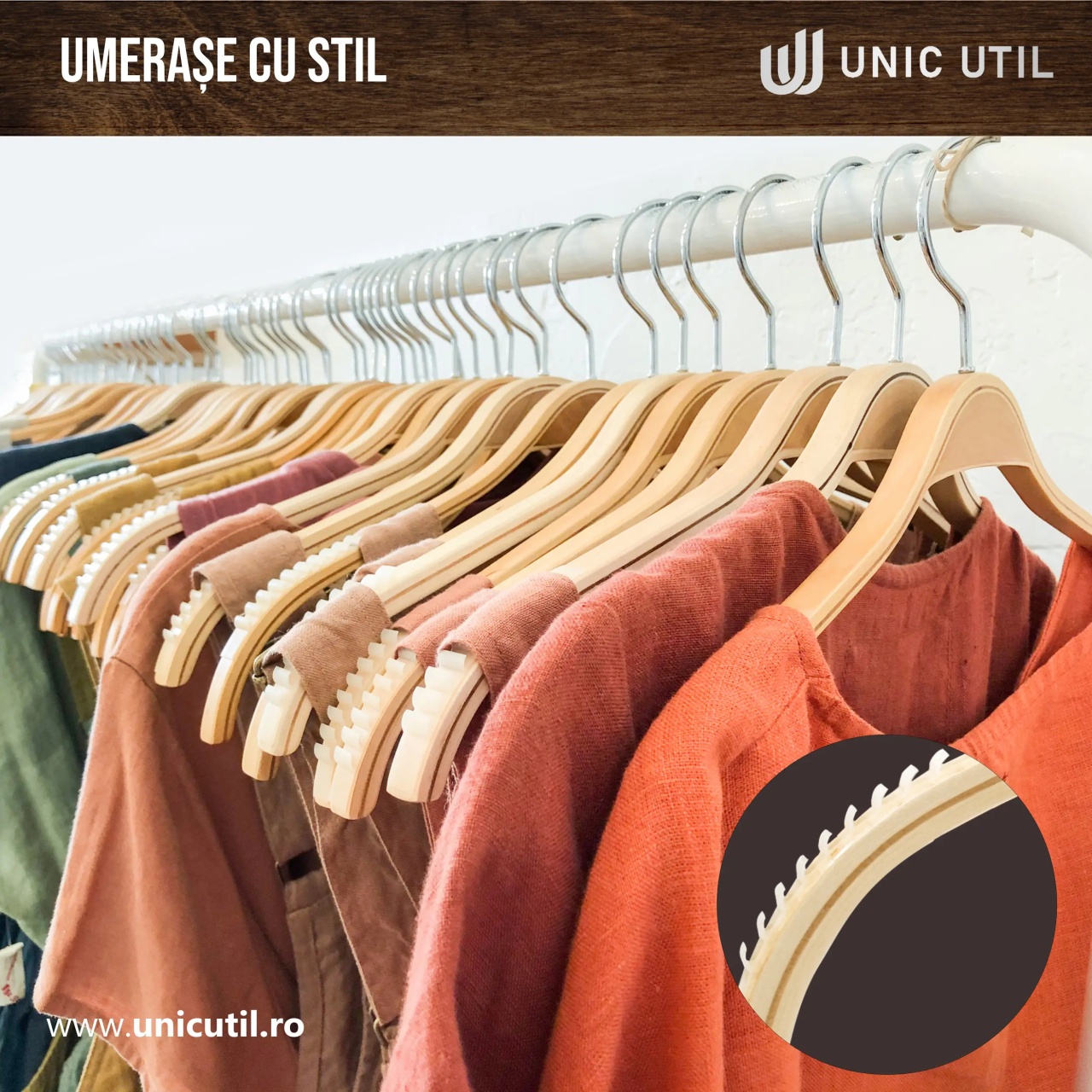 Umeraș din lemn cu margini de cauciuc anti-alunecare, pentru tricouri, Natur, 1 bucata - imagine 4