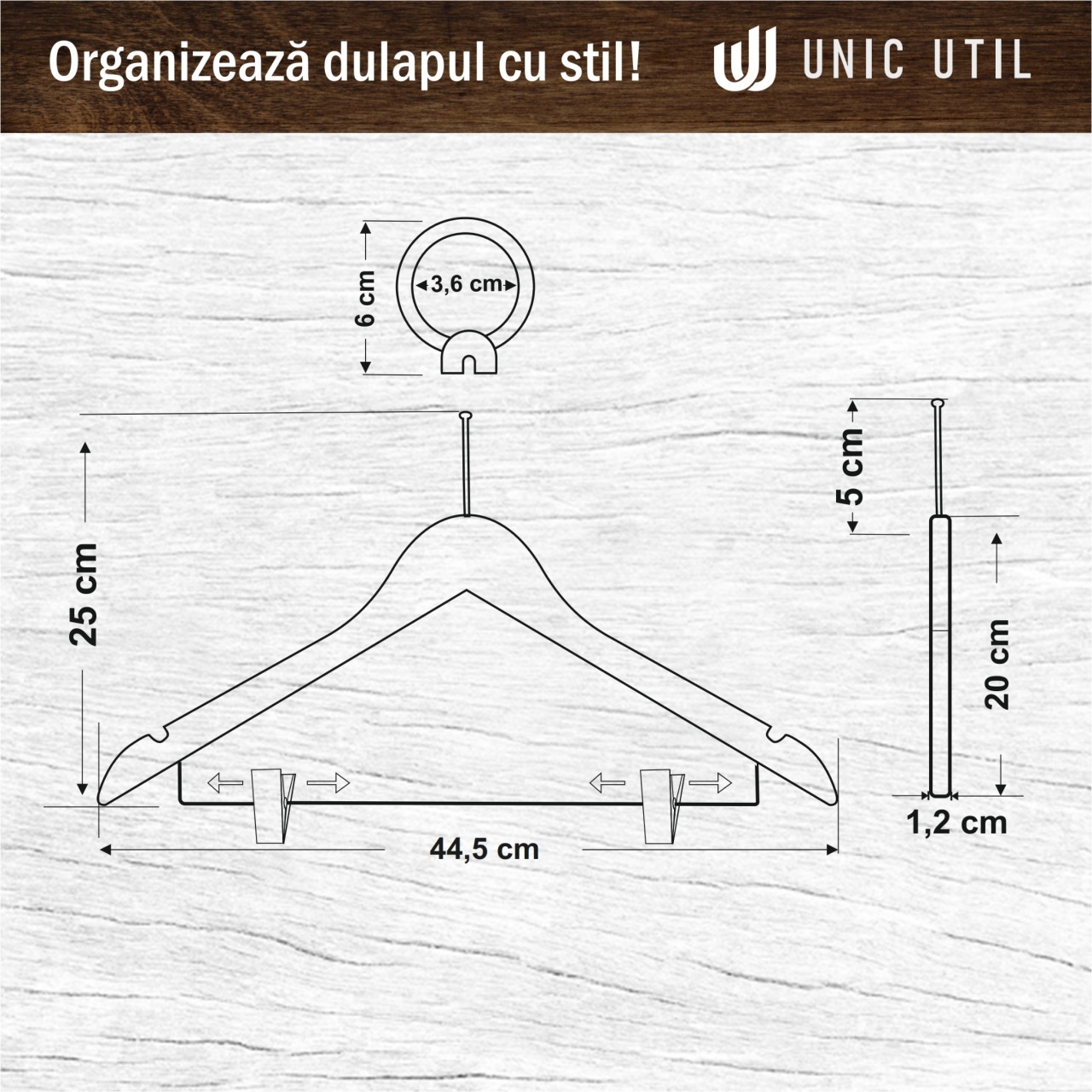 Umeraș Hotel din lemn cu cârlig antifurt și clipsuri metalice, Natur, 1 bucata - imagine 7