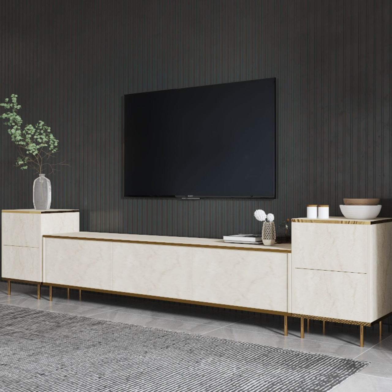 Unitate TV, Imaj Travertine, UnicUtil, Travertin-Auriu, Lățime: 180 cm, Înălțime: 45,2 cm, Adâncime: 35 cm - view 2