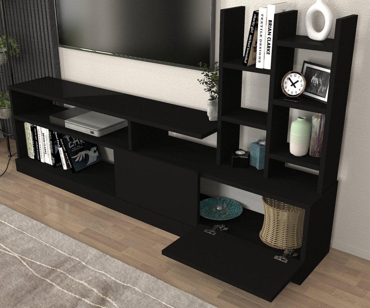 Biblioteca Living UnicUtil,164 x 25 x 91 cm, Negru, front PAL - 2 | YEO