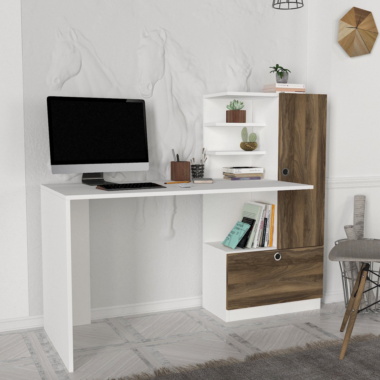 Birou, Smart BrownSpace, UnicUtil, 149.5 x 61.8 x 120 cm, Alb si Maro, UUDESK26 - 1 | YEO