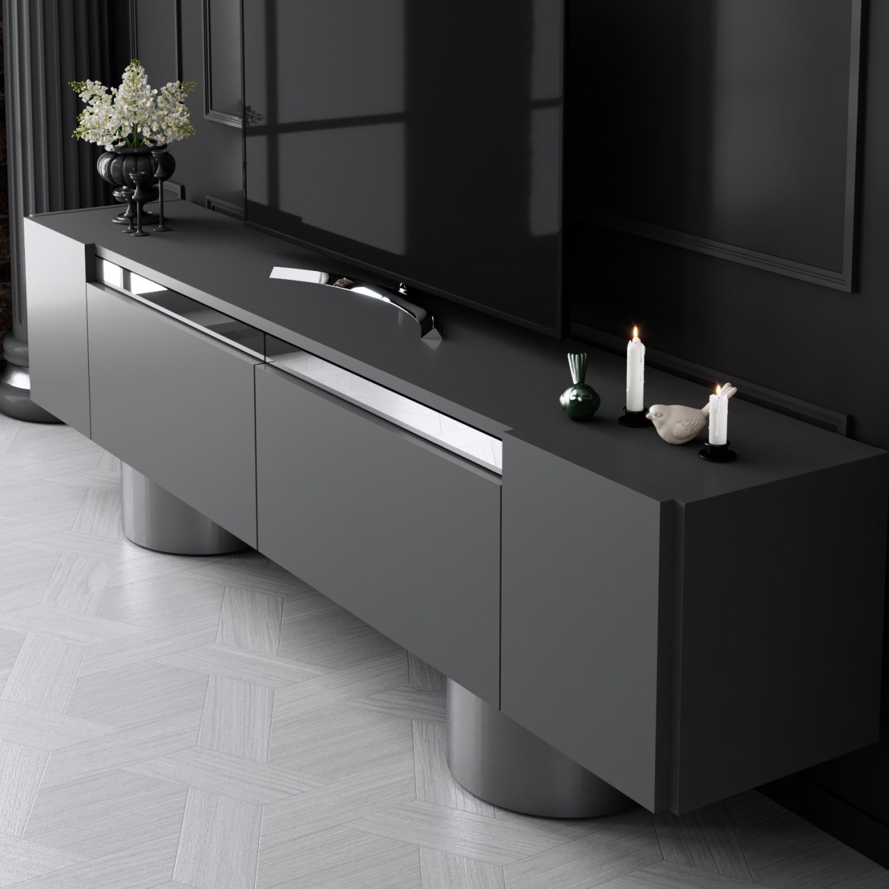 Comoda TV, Bohem Anthracite, UnicUtil, Antracit-Argint, Lățime: 180 cm, Înălțime: 50 cm, Adâncime: 30 cm - imagine 4