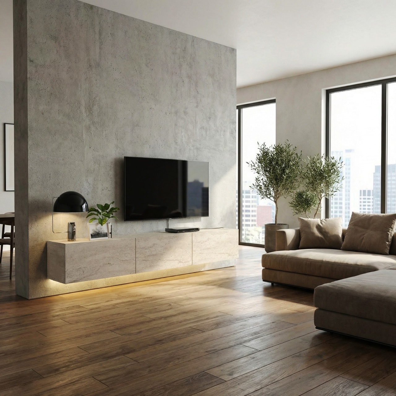 Comodă TV Damla, UNICUTIL, finisaj travertin și iluminare LED, pentru living modern - imagine 3