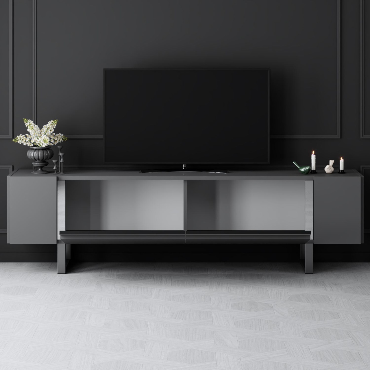 Comoda TV, Yildiz Anthracite, UnicUtil, Antracit-Argint, Lățime: 180 cm, Înălțime: 50 cm, Adâncime: 30 cm - imagine 3