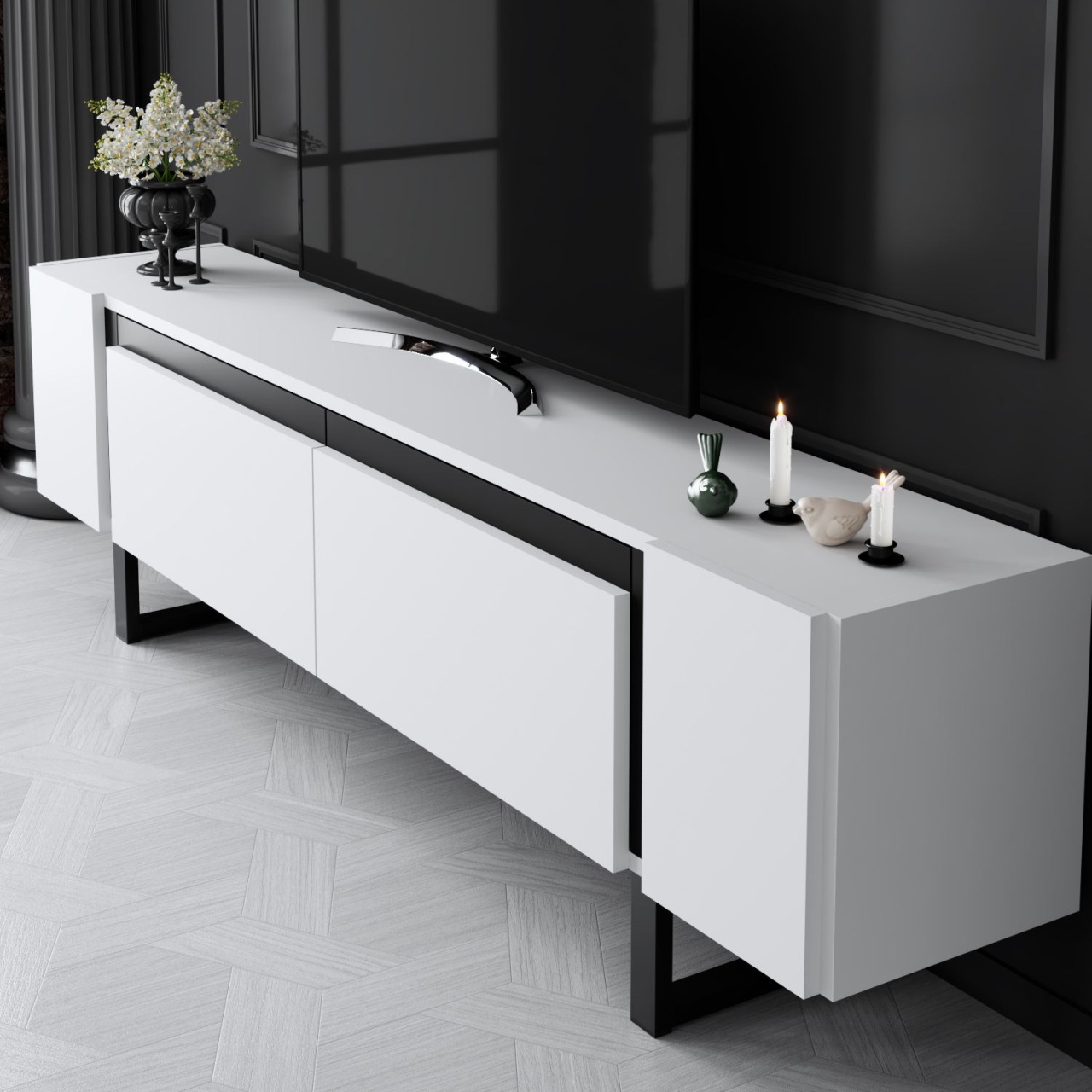 Comoda TV, Yildiz White, UnicUtil, Alb-Negru, Lățime: 180 cm, Înălțime: 50 cm, Adâncime: 30 cm - imagine 4