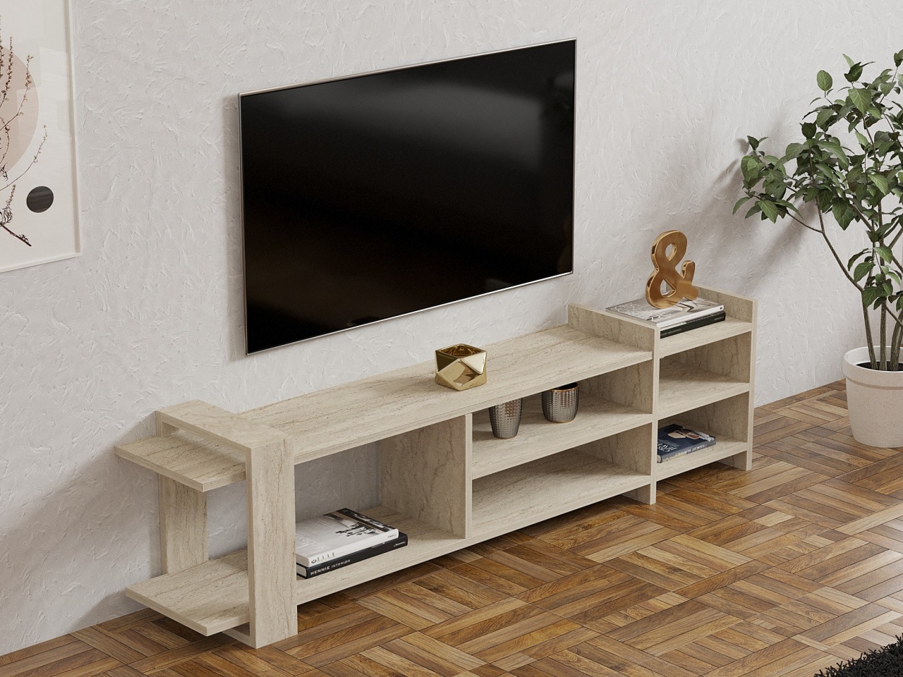 Comoda TV, Zeyna Travertine, UnicUtil, Travertin, Lățime: 156 cm, Înălțime: 40 cm, Adâncime: 29,6 cm, 835PUQ6401 - view 3