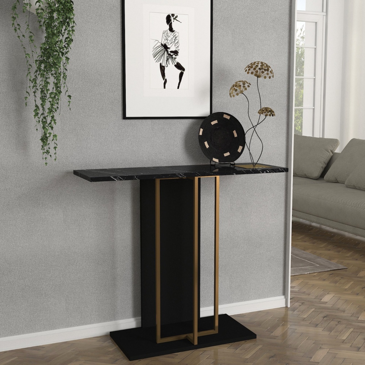 Masă decorativă Brandy din pal melaminat finisaj Black Marble – rafinament pentru decor contemporan, 90 x 29.6 x 76.8 cm, UUORG66 - 1 | YEO