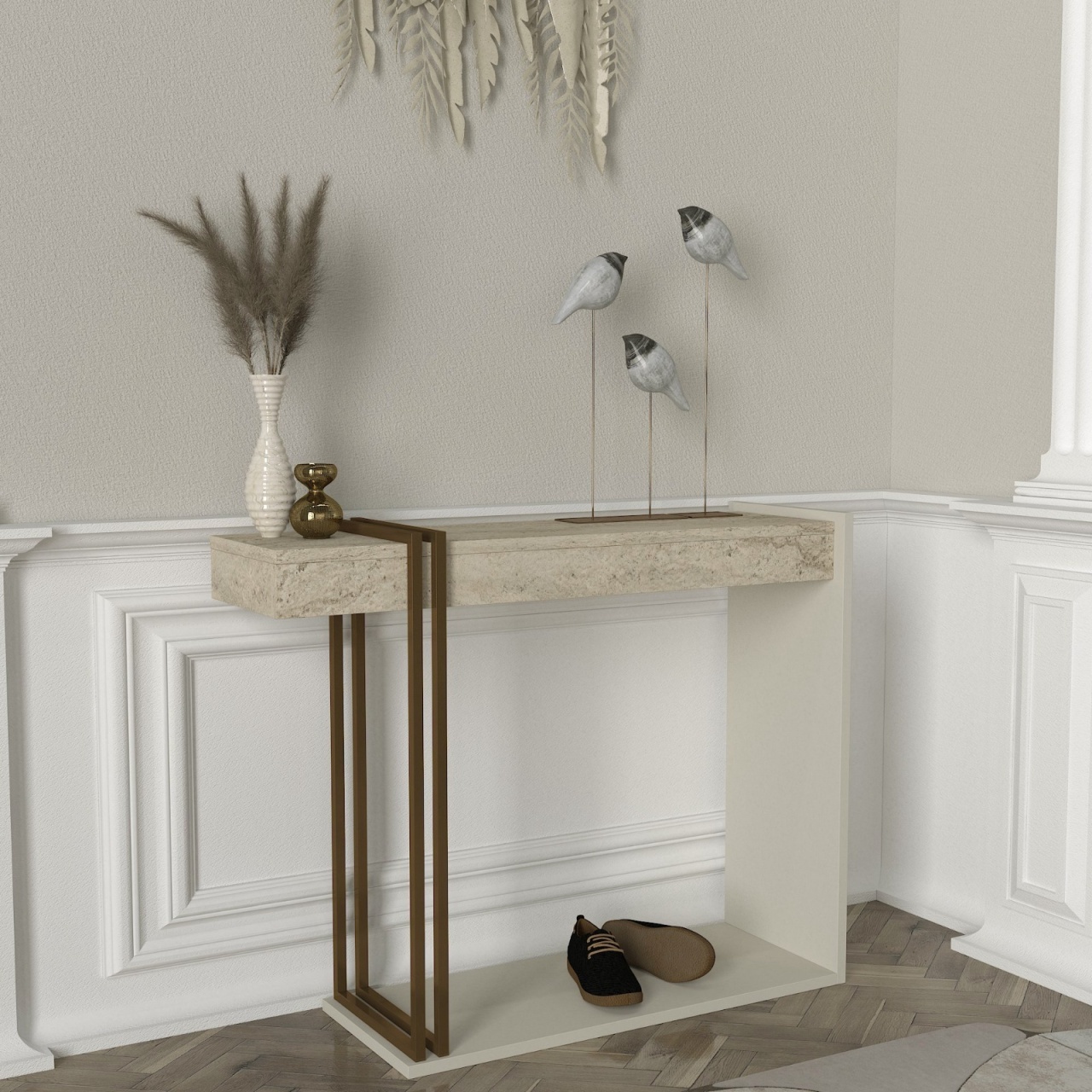 Masă decorativă Desca din pal melaminat finisaj travertin-sandstone – eleganță modernă pentru interior rafinat, 91.8 x 29.6 x 74.2 cm, UUORG58