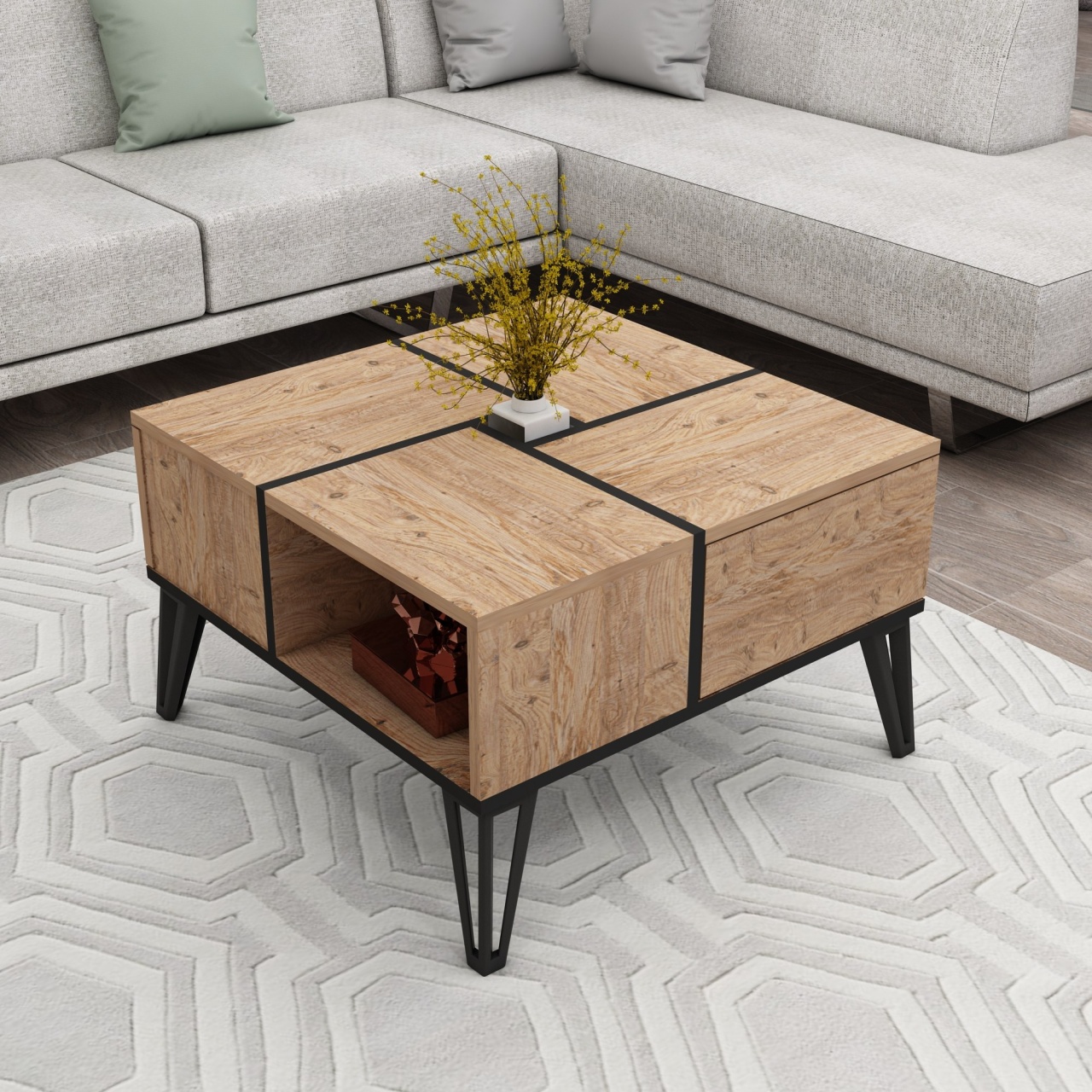 Măsuţă de cafea, Nirvana Atlantic, UnicUtil, Pin Atlantic-Negru, Lățime: 71,8 cm, Înălțime: 43,8 cm, Adâncime: 71,8 cm - imagine 3