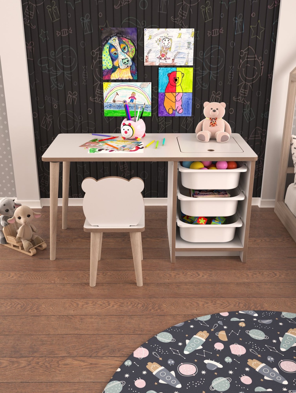 Set de masă pentru copii, Soho White, UnicUtil, Alb, Lățime: 90 cm, Înălțime: 50 cm, Adâncime: 42 cm - view 2