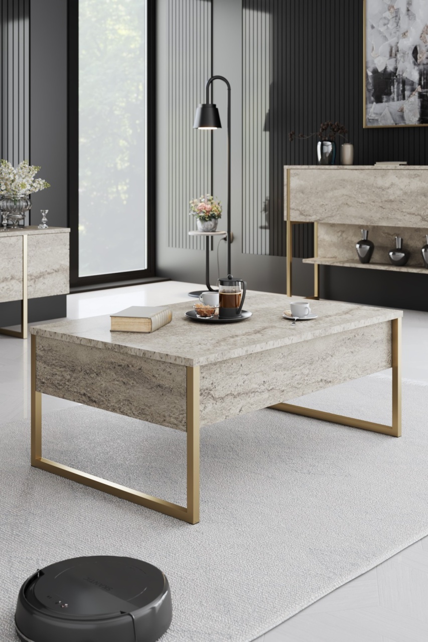 Set de mobilier pentru living, Luxe Set, UnicUtil, Travertin-Auriu, Comodă TV + Masa de cafea - view 6