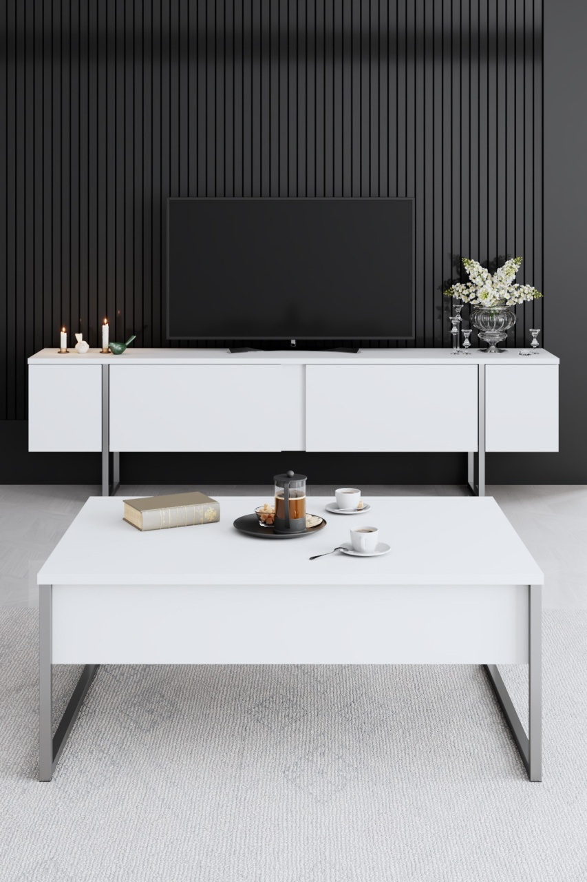 Unitate TV, Luxe White, UnicUtil, Alb-Argintiu, Lățime: 180 cm, Înălțime: 50 cm, Adâncime: 30 cm - imagine 2
