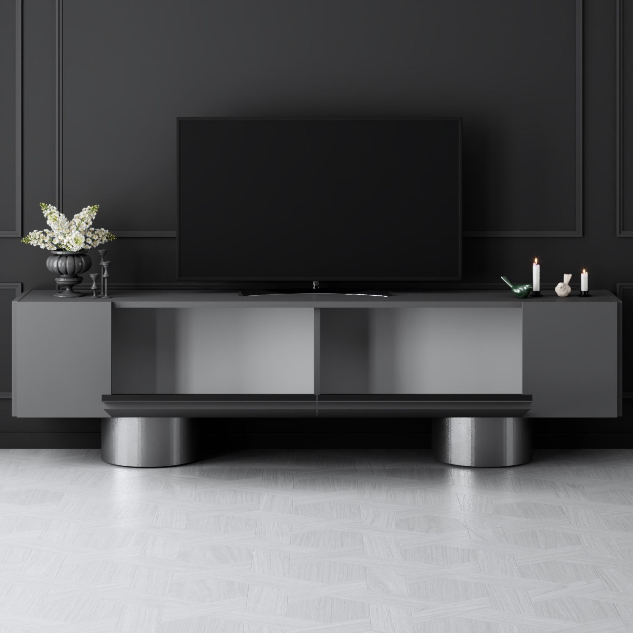 Comoda TV, Bohem Anthracite, UnicUtil, Antracit-Argint, Lățime: 180 cm, Înălțime: 50 cm, Adâncime: 30 cm - imagine 3