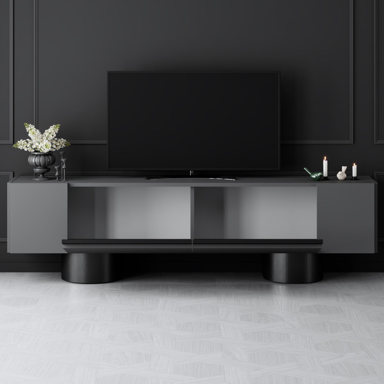 Comoda TV, Bohem Anthracite, UnicUtil, Antracit-Negru, Lățime: 180 cm, Înălțime: 50 cm, Adâncime: 30 cm - imagine 3