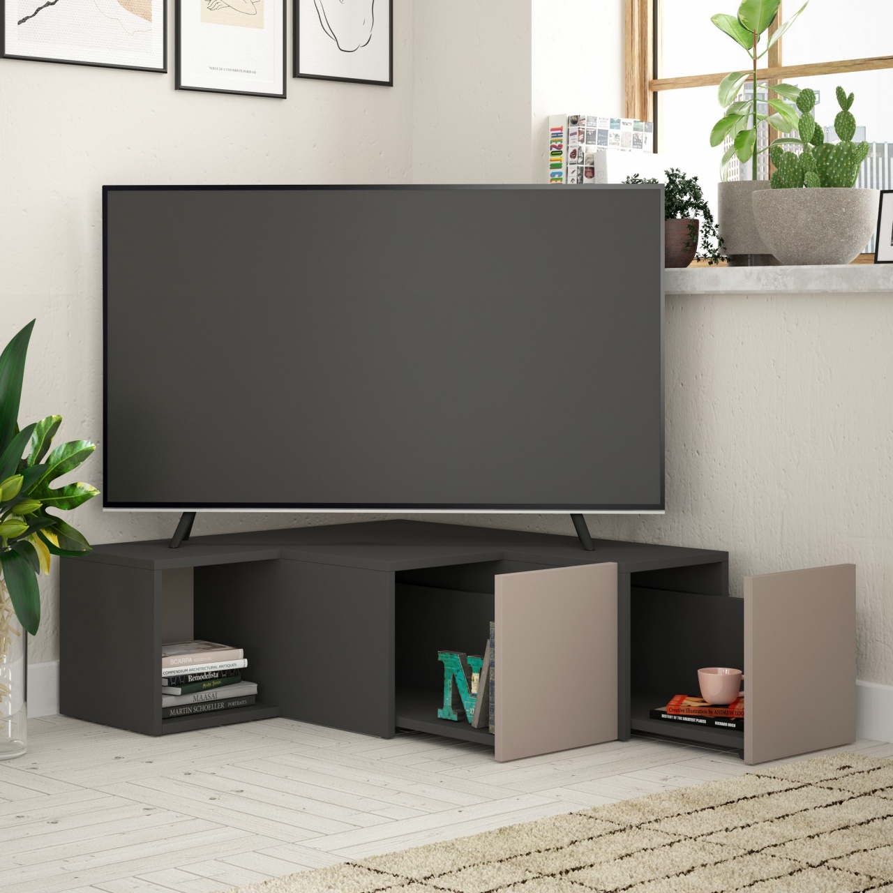 Comoda TV, Compact Anthracite, UnicUtil, Antracit-Maro deschis, Lățime: 90 cm, Înălțime: 32 cm, Adâncime: 92 cm - view 2