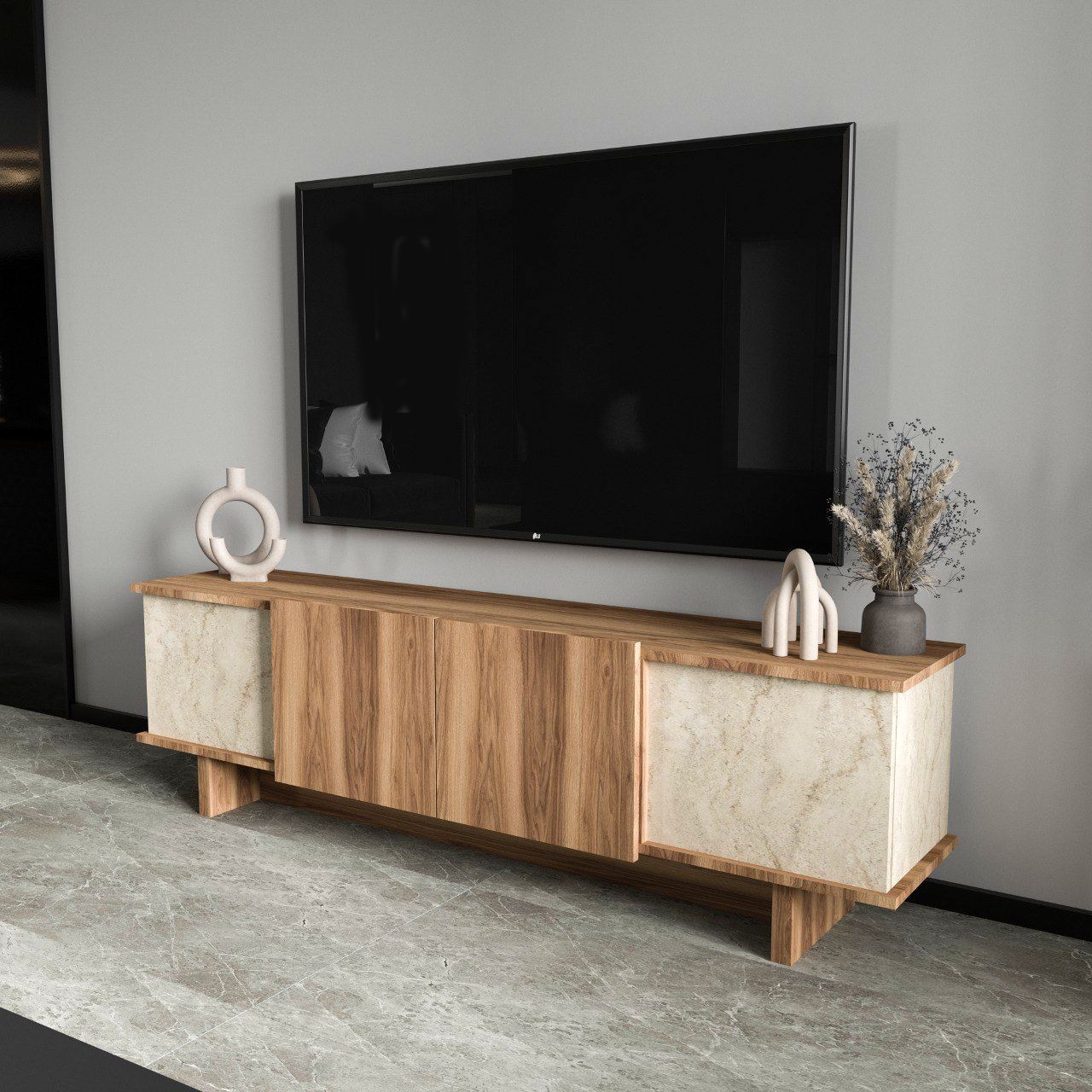 Comoda TV, Diana Travertine, UnicUtil, Travertin-Nuc, Lățime: 180 cm, Înălțime: 50 cm, Adâncime: 33 cm - imagine 2