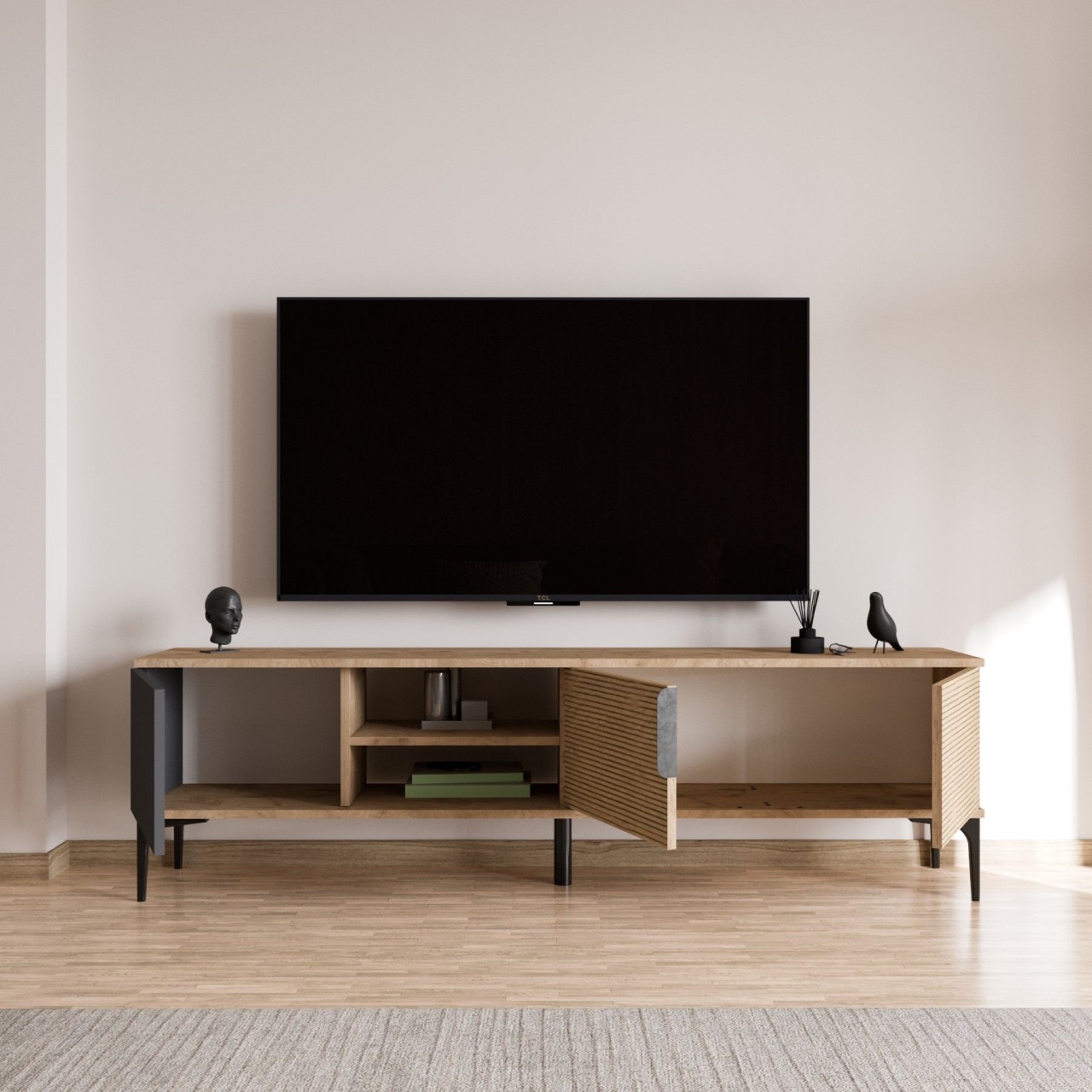 Comoda TV, Tarz Anthracite, UnicUtil, Antracit-Stejar, Lățime: 180 cm, Înălțime: 49 cm, Adâncime: 33 cm - view 5