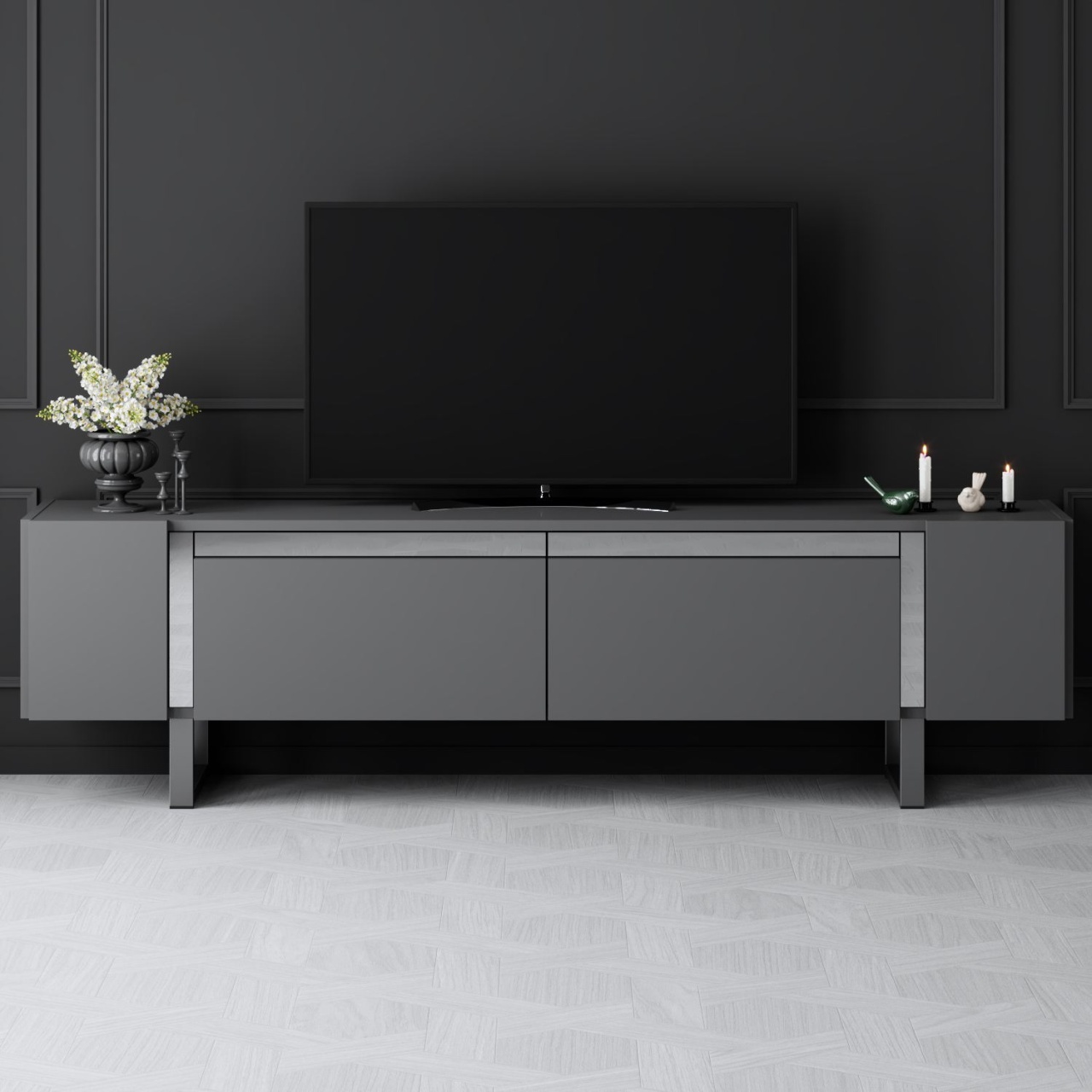 Comoda TV, Yildiz Anthracite, UnicUtil, Antracit-Argint, Lățime: 180 cm, Înălțime: 50 cm, Adâncime: 30 cm - imagine 2