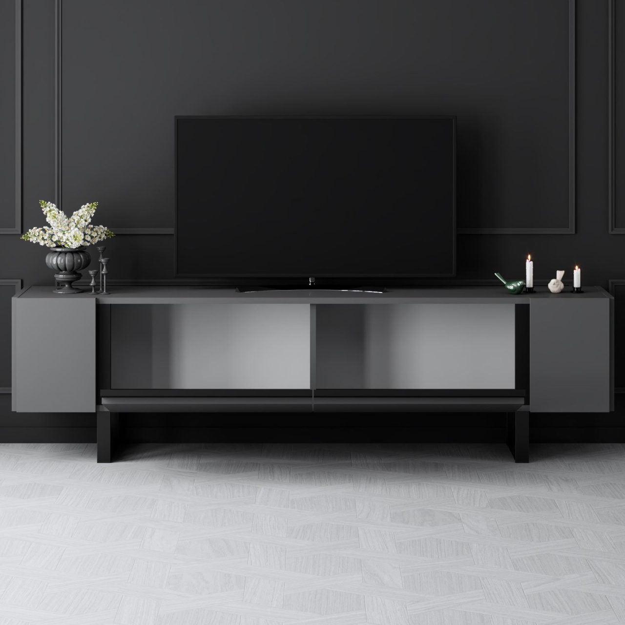 Comoda TV, Yildiz Anthracite, UnicUtil, Antracit-Negru, Lățime: 180 cm, Înălțime: 50 cm, Adâncime: 30 cm - imagine 3