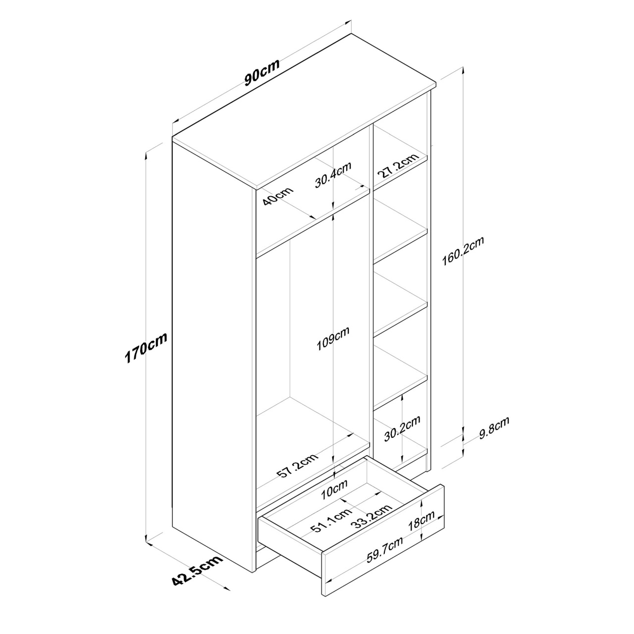 Dulap dressing, Ba117 2253, UnicUtil, Nuc-Alb, Lățime: 90 cm, Înălțime: 170 cm, Adâncime: 42,5 cm - view 6