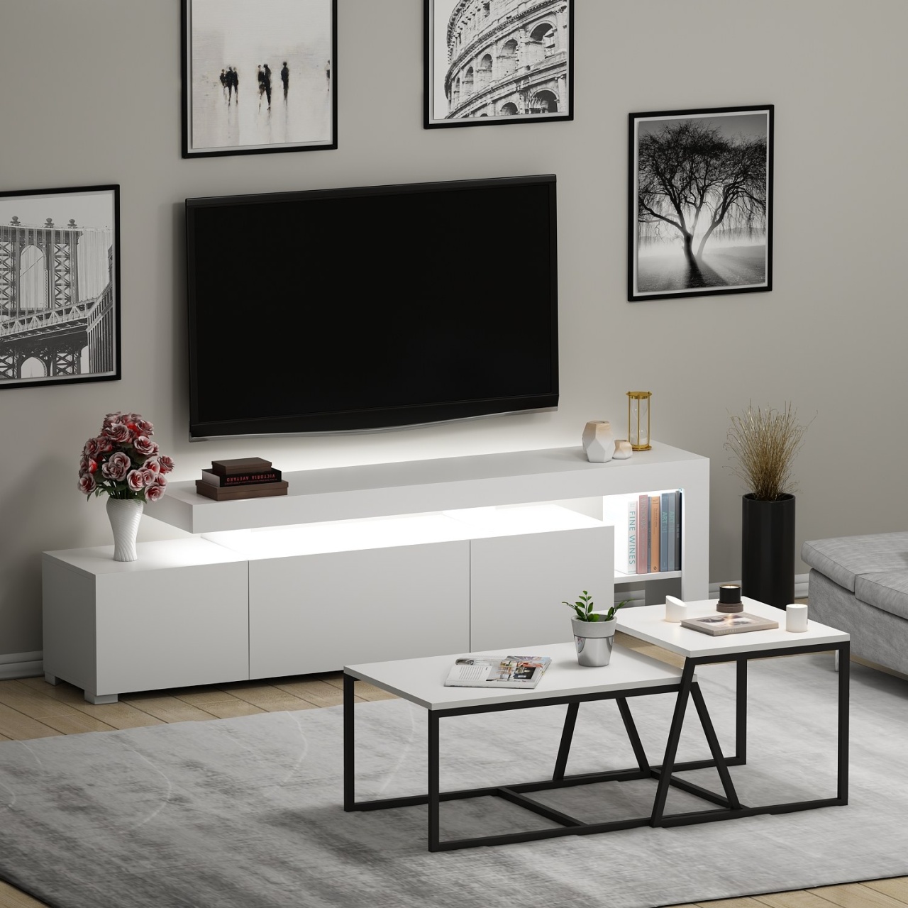 Set de mobilier pentru living, Beliz White, UnicUtil, Alb, Lățime: 192 cm, Înălțime: 53 cm, Adâncime: 37 cm - view 4