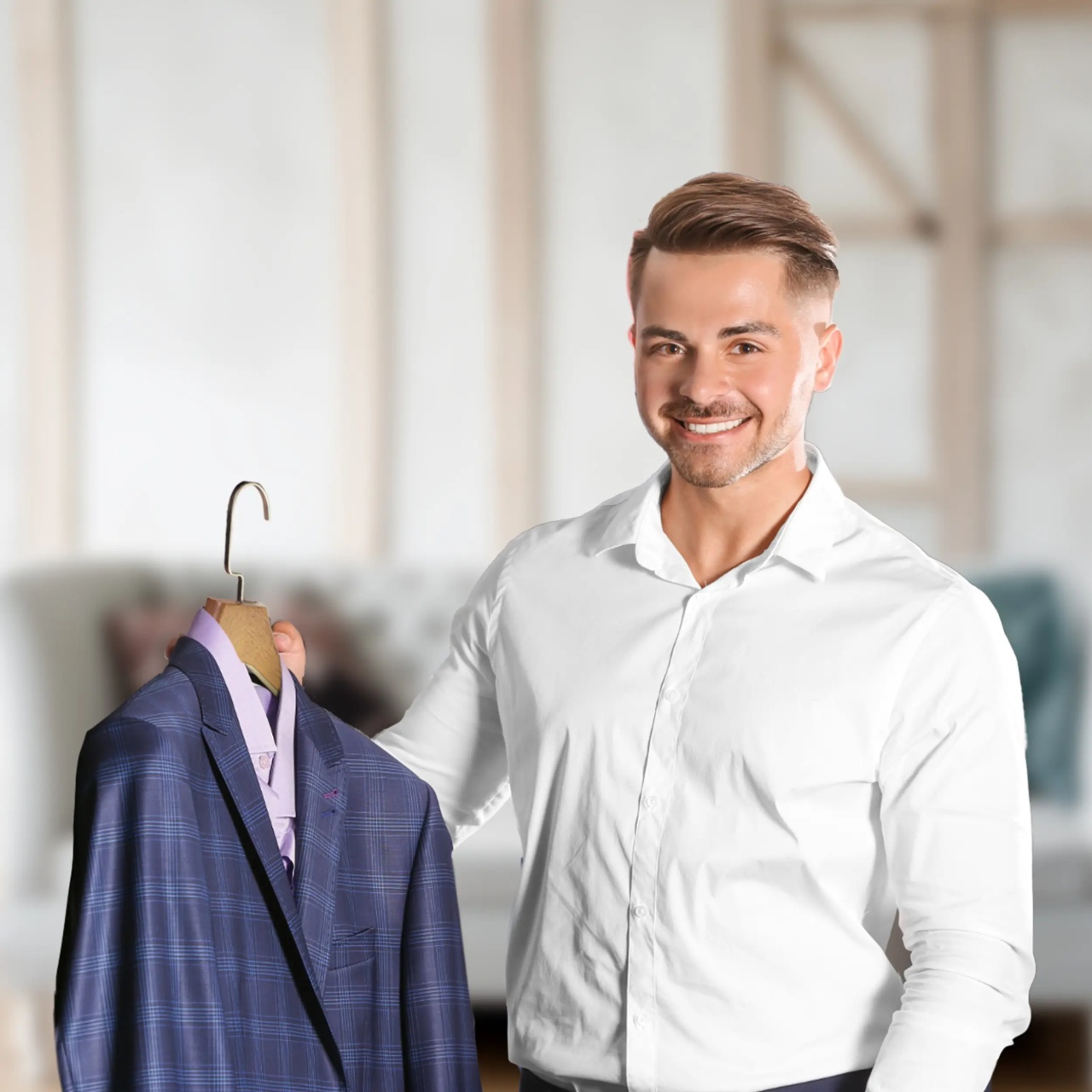 Umeraș de lux pentru costum din lemn masiv maro vintage cu umeri lați si bară pentru pantaloni, 1 bucata - imagine 4