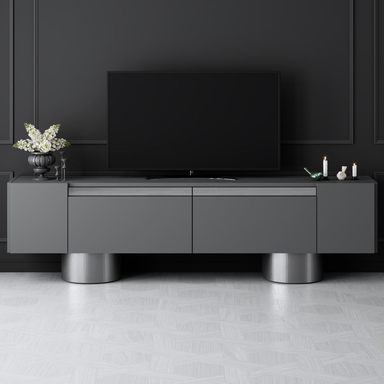 Comoda TV, Bohem Anthracite, UnicUtil, Antracit-Argint, Lățime: 180 cm, Înălțime: 50 cm, Adâncime: 30 cm - imagine 2