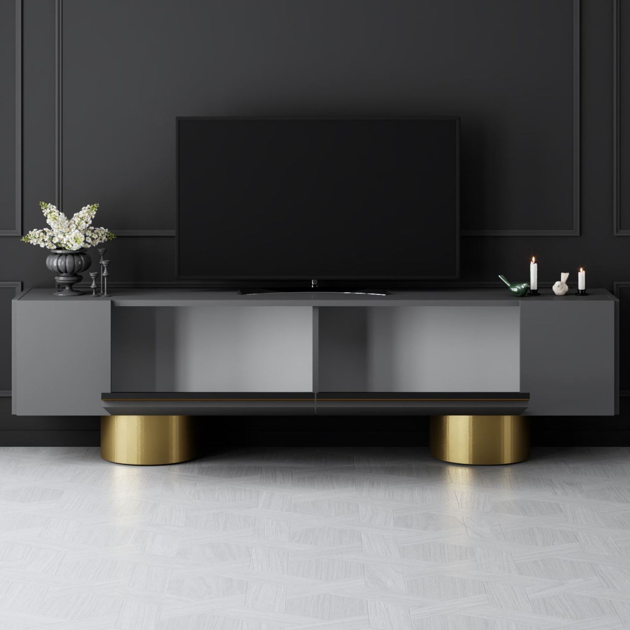 Comoda TV, Bohem Anthracite, UnicUtil, Antracit-Auriu, Lățime: 180 cm, Înălțime: 50 cm, Adâncime: 30 cm - imagine 3