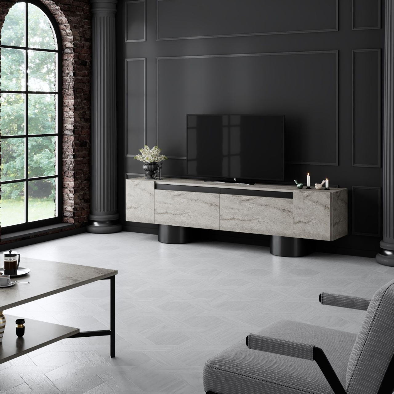Comoda TV, Bohem Travertine, UnicUtil, Travertin-Negru, Lățime: 180 cm, Înălțime: 50 cm, Adâncime: 30 cm - view 5