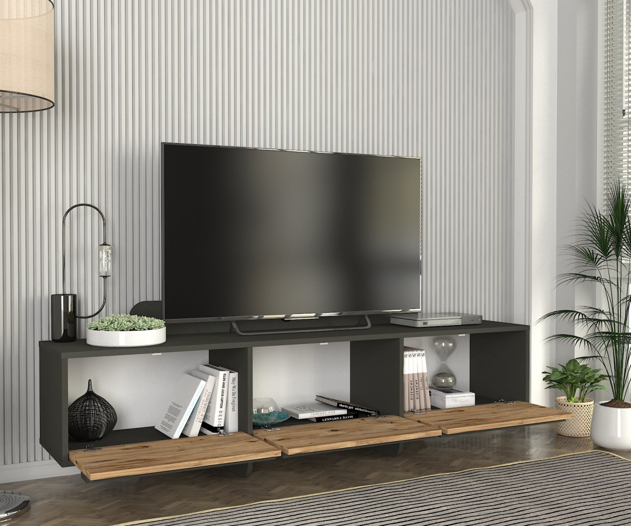 Comodă Tv Contemporary Line, 180 x 35 x 49, Antracit-Natur, UUTVU11, UnicUtil - 2 | YEO