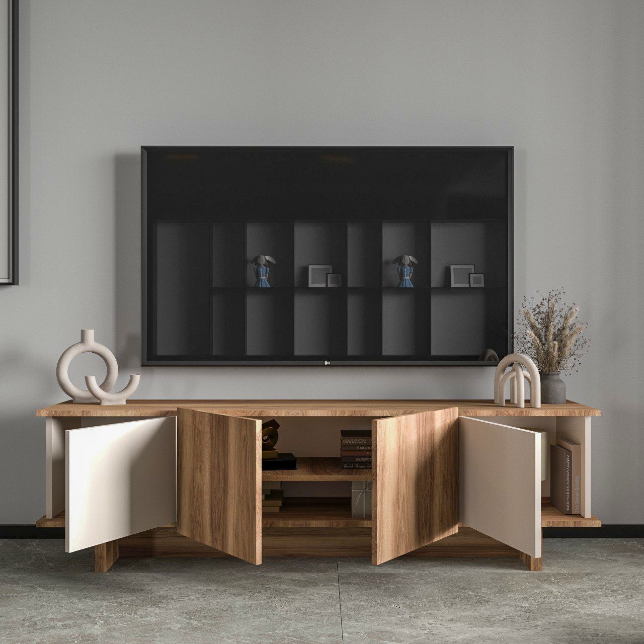 Comoda TV, Diana Beige, UnicUtil, Bej-Nuc, Lățime: 180 cm, Înălțime: 50 cm, Adâncime: 33 cm - view 4