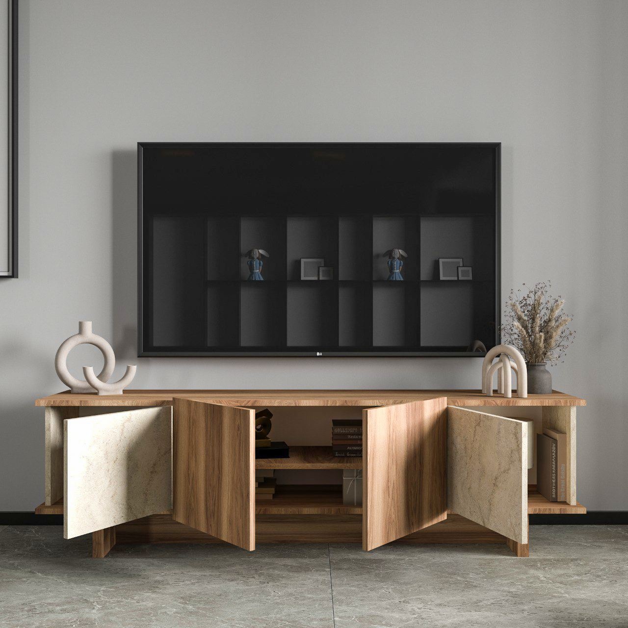 Comoda TV, Diana Travertine, UnicUtil, Travertin-Nuc, Lățime: 180 cm, Înălțime: 50 cm, Adâncime: 33 cm - imagine 4