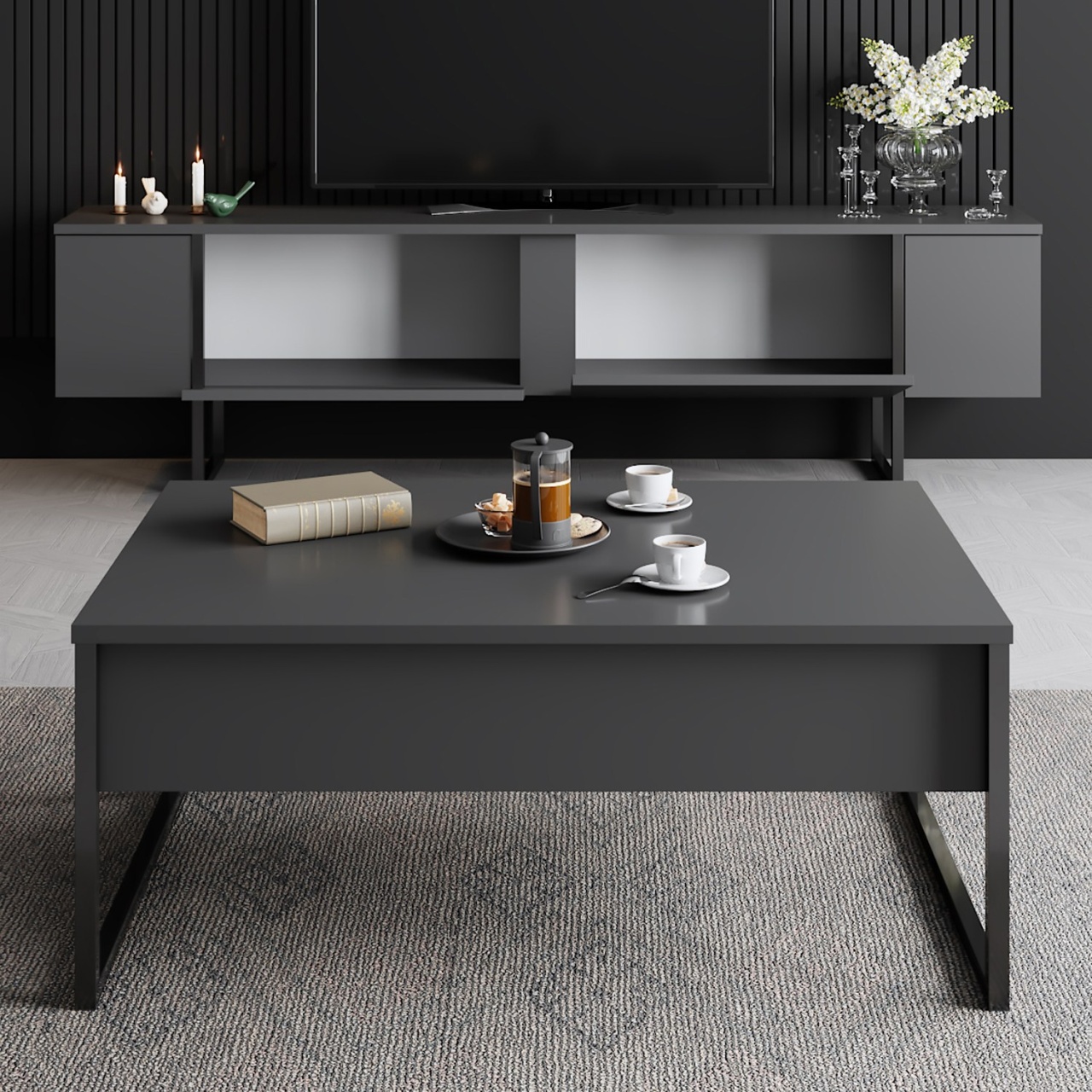 Comoda TV, Luxe Anthracite, UnicUtil, Antracit-Negru, Lățime: 180 cm, Adâncime: 30 cm, Înălțime: 50 cm - view 5
