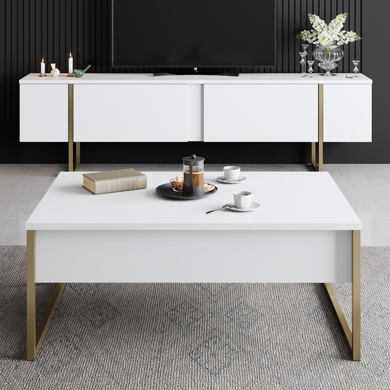 Comoda TV, Luxe White, UnicUtil, Alb-Auriu, Lățime: Lățime: 180 cm, Adâncime: 30 cm, Înălțime: 50 cm - view 4