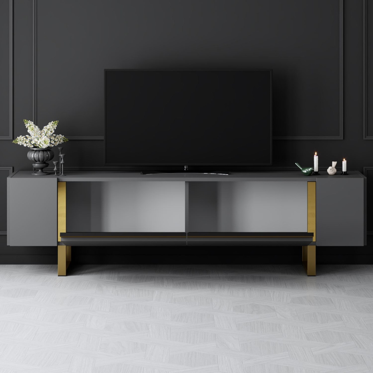 Comoda TV, Yildiz Anthracite, UnicUtil, Antracit-Auriu,Lățime: 180 cm, Înălțime: 50 cm, Adâncime: 30 cm - imagine 3