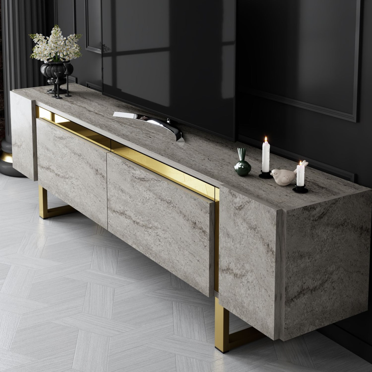 Comoda TV, Yildiz Travertine, UnicUtil, Travertin-Auriu,Lățime: 180 cm, Înălțime: 50 cm, Adâncime: 30 cm - imagine 4