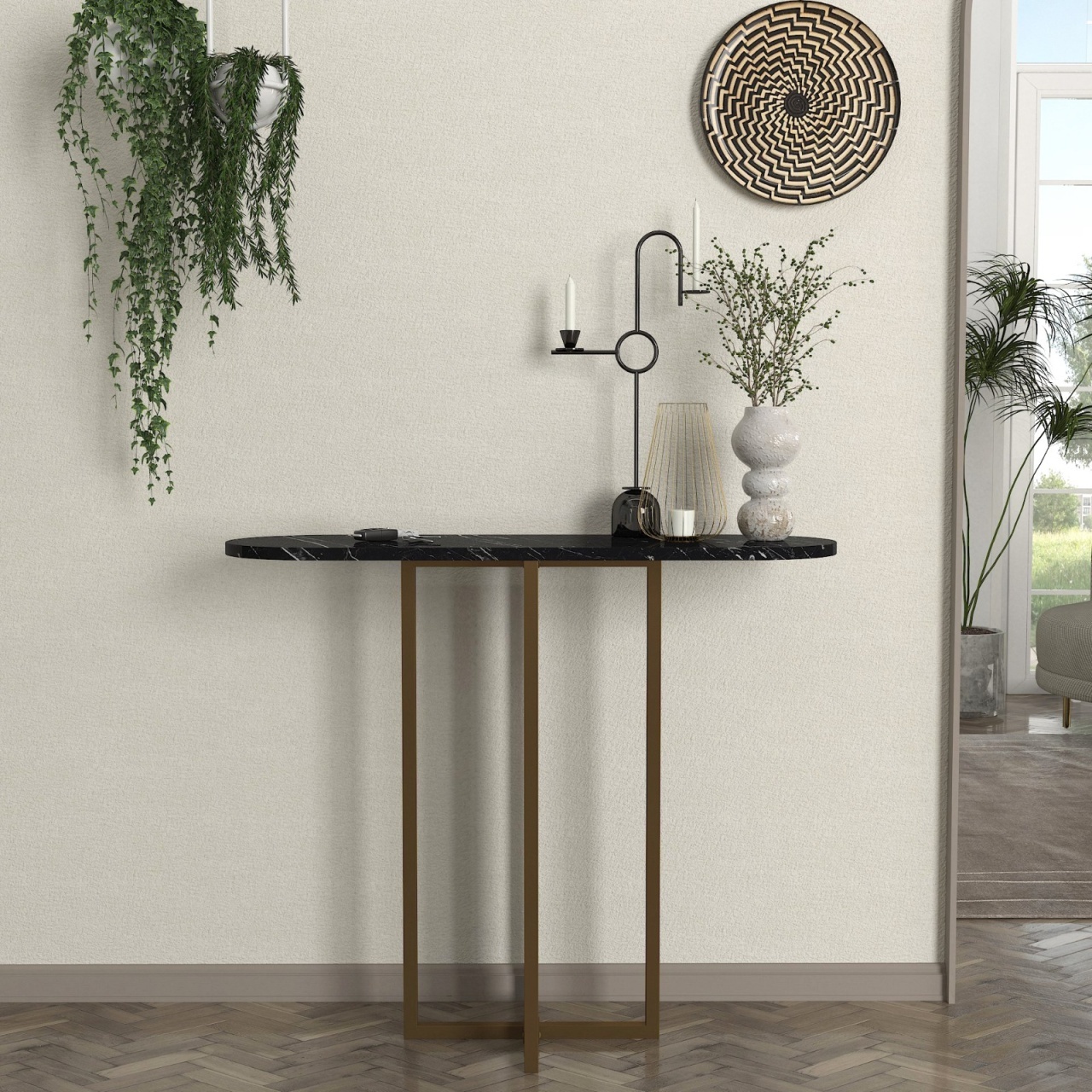 Masă decorativă Boressi din pal melaminat cu finisaj Black Marble – eleganță modernă pentru interior rafinat, 90 x 29.6 x 75 cm, UUORG60